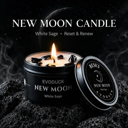 New Moon Candle tin with White Sage scent, dark crystal chips in black soy wax and Reset lid design, from the Moon Phase Candle Wicca altar ritual collection