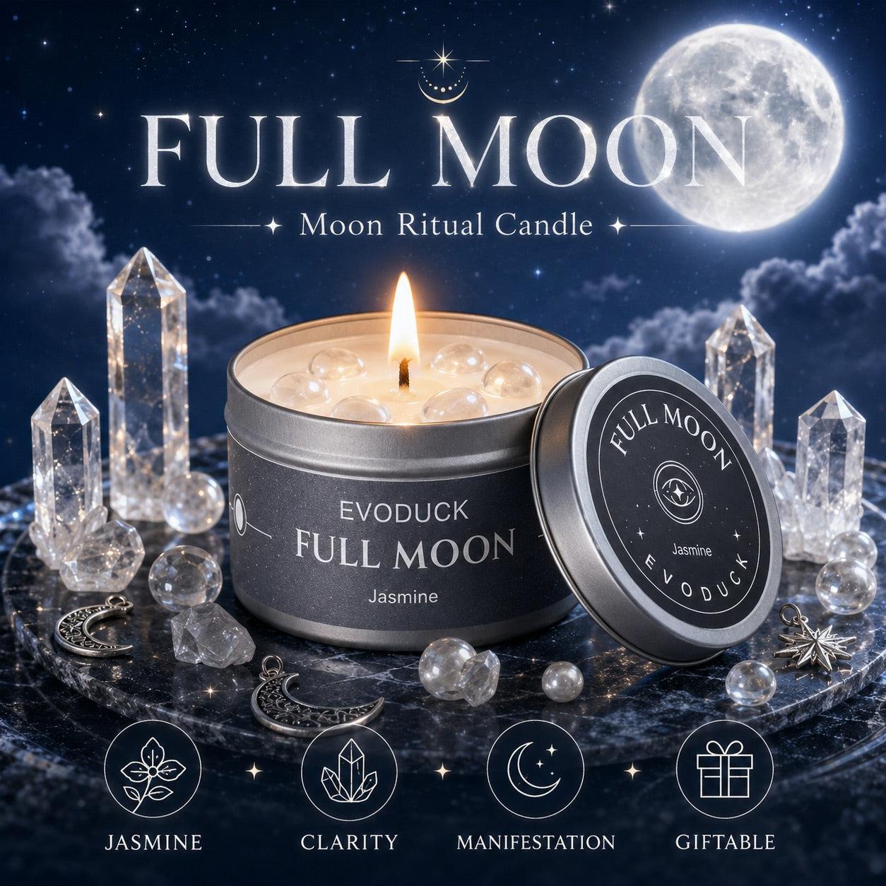 Full Moon Ritual Candle in silver tin with Jasmine scent, surrounded by clear quartz crystal points under a full moon night sky, labeled Clarity, Manifestation and Giftable