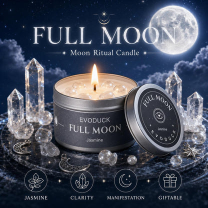 Full Moon Ritual Candle in silver tin with Jasmine scent, surrounded by clear quartz crystal points under a full moon night sky, labeled Clarity, Manifestation and Giftable