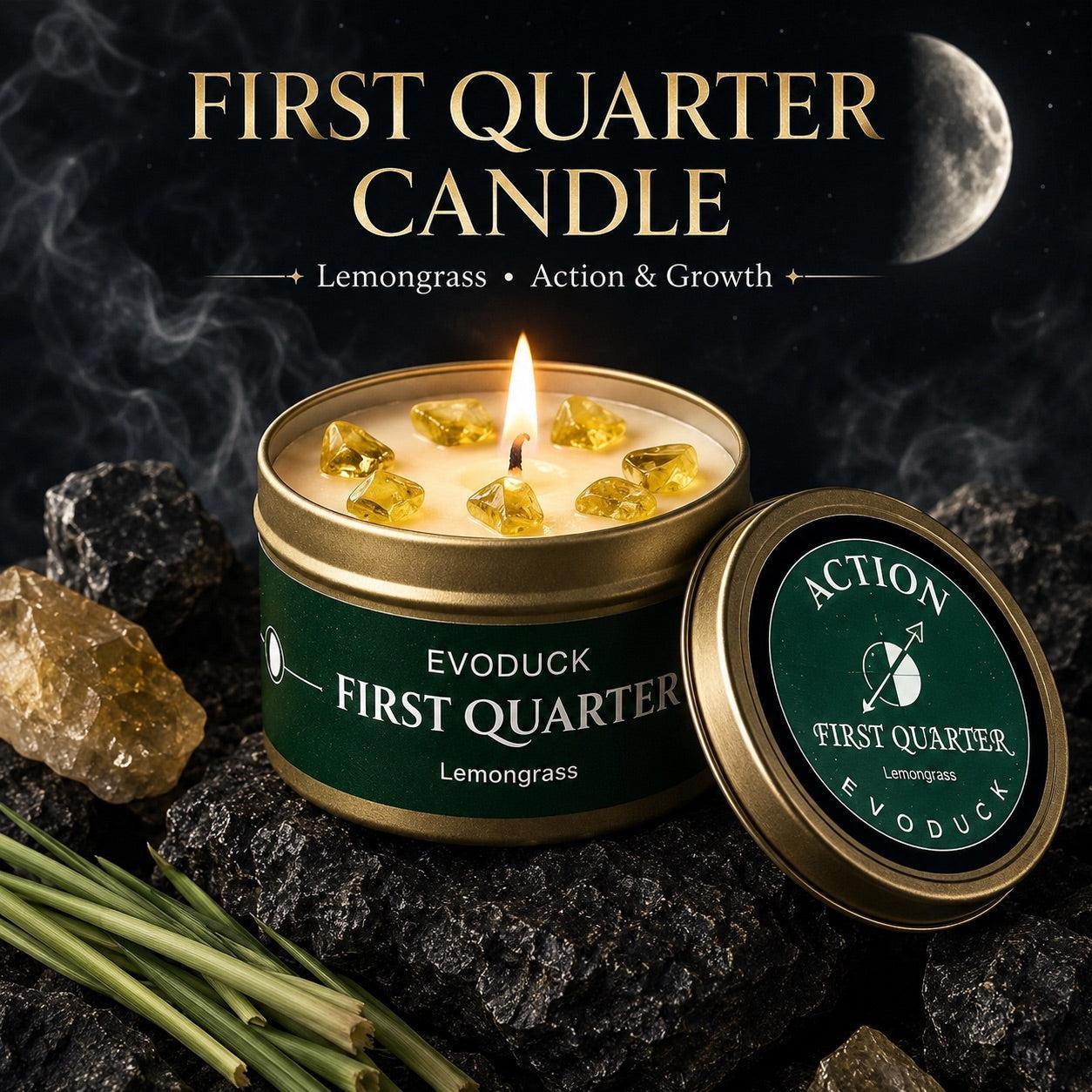 First Quarter Candle in green and gold tin with Lemongrass scent, citrine crystals in soy wax and Action lid design, surrounded by lemongrass stalks and citrine stones