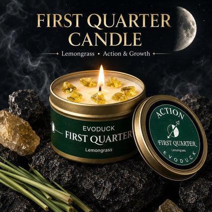 First Quarter Candle in green and gold tin with Lemongrass scent, citrine crystals in soy wax and Action lid design, surrounded by lemongrass stalks and citrine stones