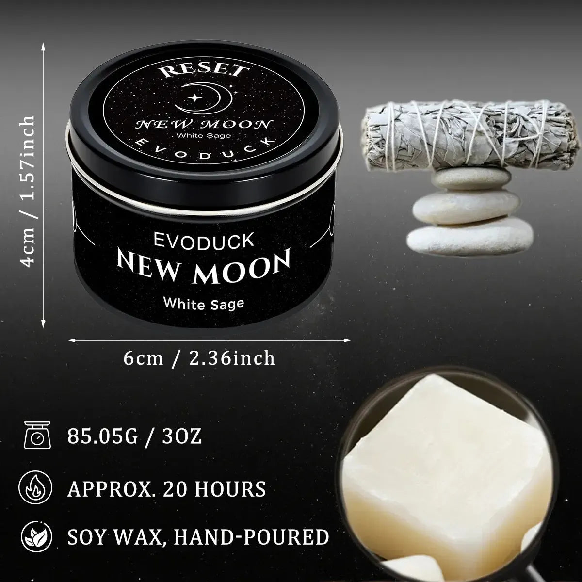 New Moon Candle size specifications infographic - 3oz hand-poured soy wax candle, 20 hour burn time, White Sage smudge stick and stacked stones