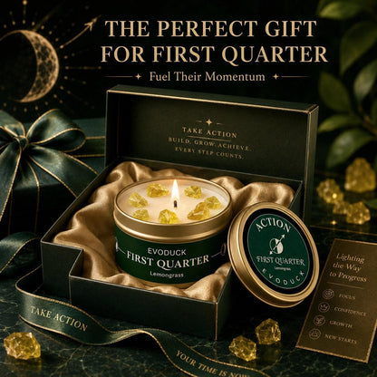 First Quarter Candle gift box set with Lemongrass scent, citrine crystals, green ribbon and gold satin lining - The Perfect Gift for First Quarter, Fuel Their Momentum