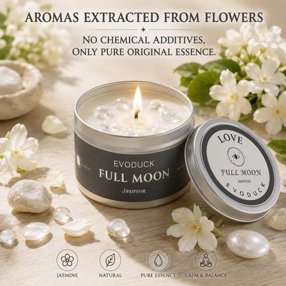 Full Moon Candle with Jasmine scent and Love lid design, clear quartz crystals and white jasmine flowers, natural pure essence with no chemical additives