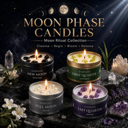 Moon Phase Candles collection banner featuring New Moon, First Quarter, Full Moon and Last Quarter soy wax candles with crystals and jasmine flowers for Wicca altar ritual