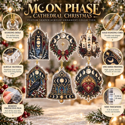 Moon Phase Cathedral Acrylic Ornament Set – Gothic Yule Christmas Decor – ornament size and details