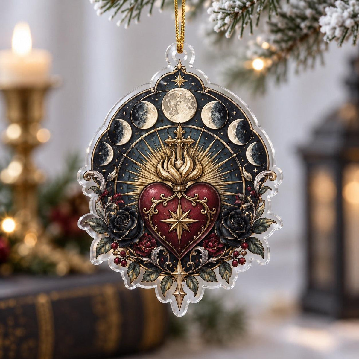 Moon Phase Cathedral Acrylic Ornament Set – Gothic Yule Christmas Decor – Moon Sacred Heart ornament