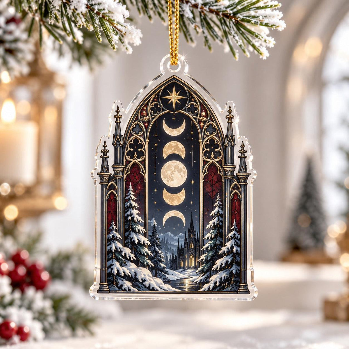 Moon Phase Cathedral Acrylic Ornament Set – Gothic Yule Christmas Decor – Snowy Cathedral Arch ornament