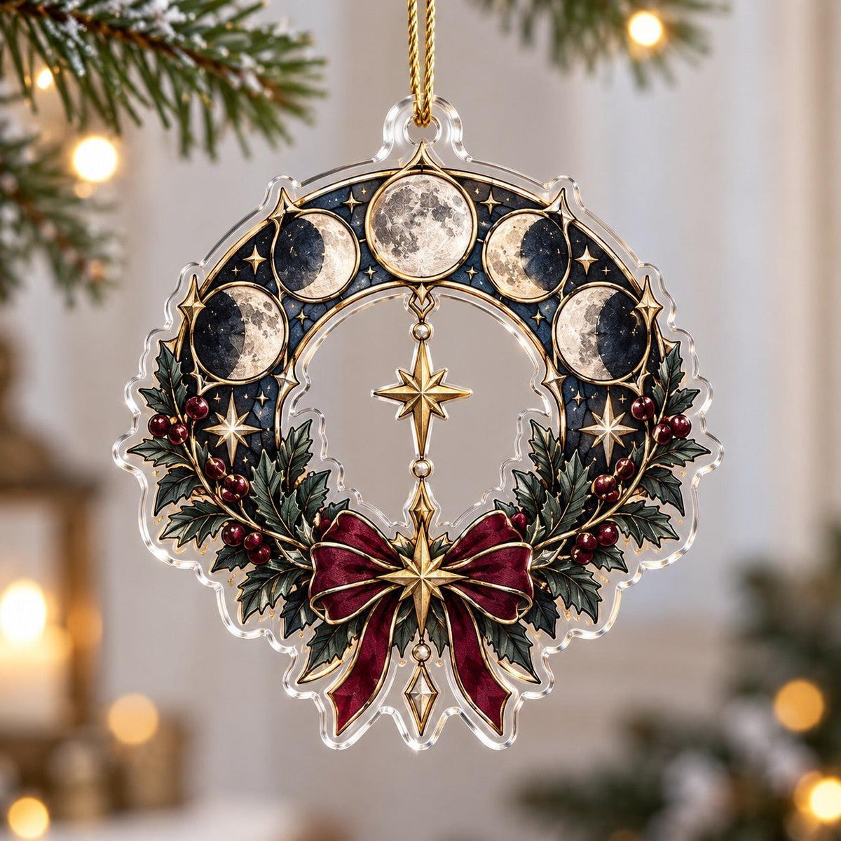 Moon Phase Cathedral Acrylic Ornament Set – Gothic Yule Christmas Decor – Moon Phase Wreath ornament