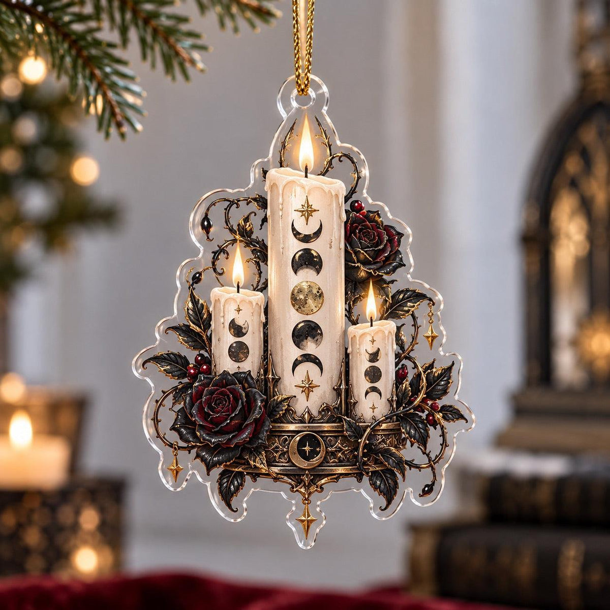 Moon Phase Cathedral Acrylic Ornament Set – Gothic Yule Christmas Decor – Moon Phase Candles ornament
