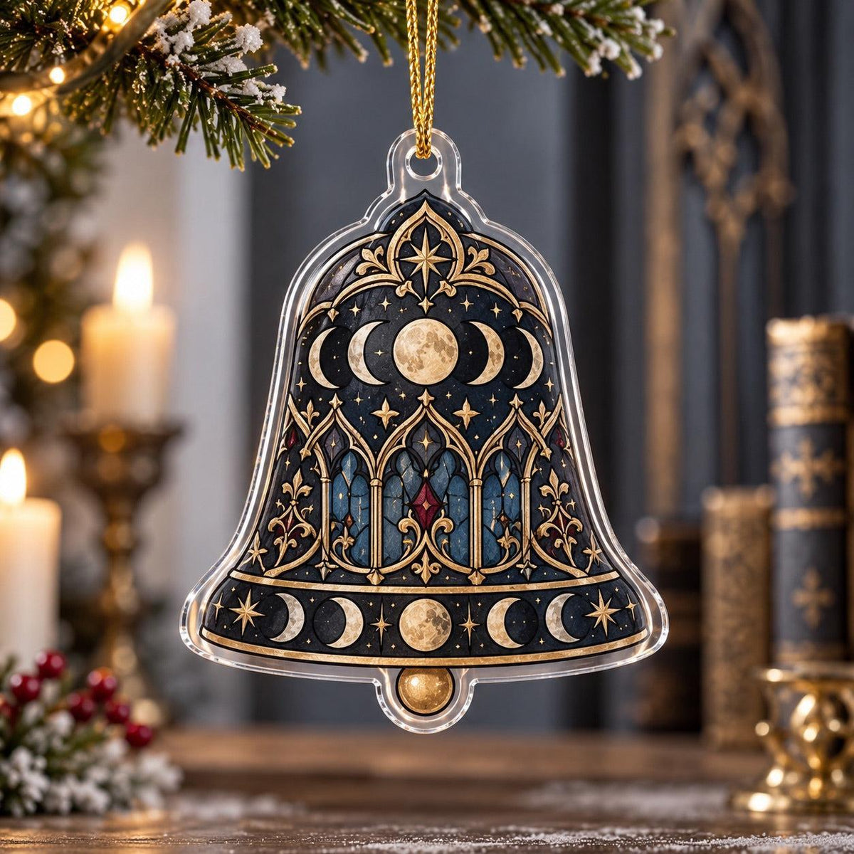 Moon Phase Cathedral Acrylic Ornament Set – Gothic Yule Christmas Decor – Moon Phase Bell ornament