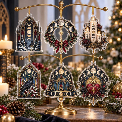 Moon Phase Cathedral Acrylic Ornament Set – Gothic Yule Christmas Decor – set of 6, another view