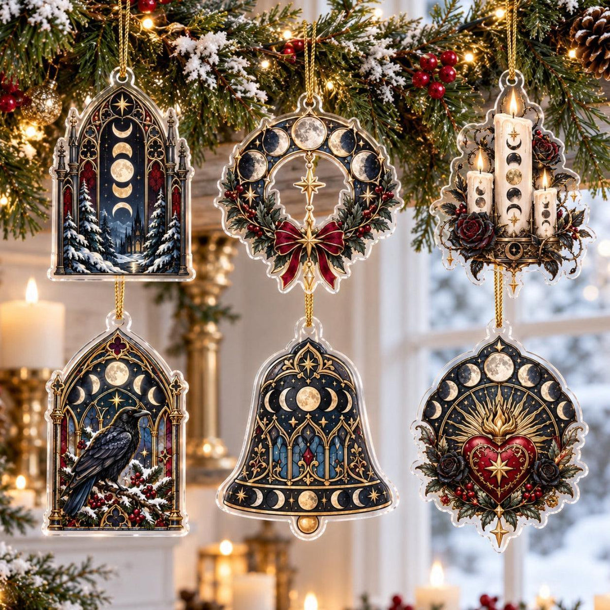Moon Phase Cathedral Acrylic Ornament Set – Gothic Yule Christmas Decor – set of 6 acrylic ornaments