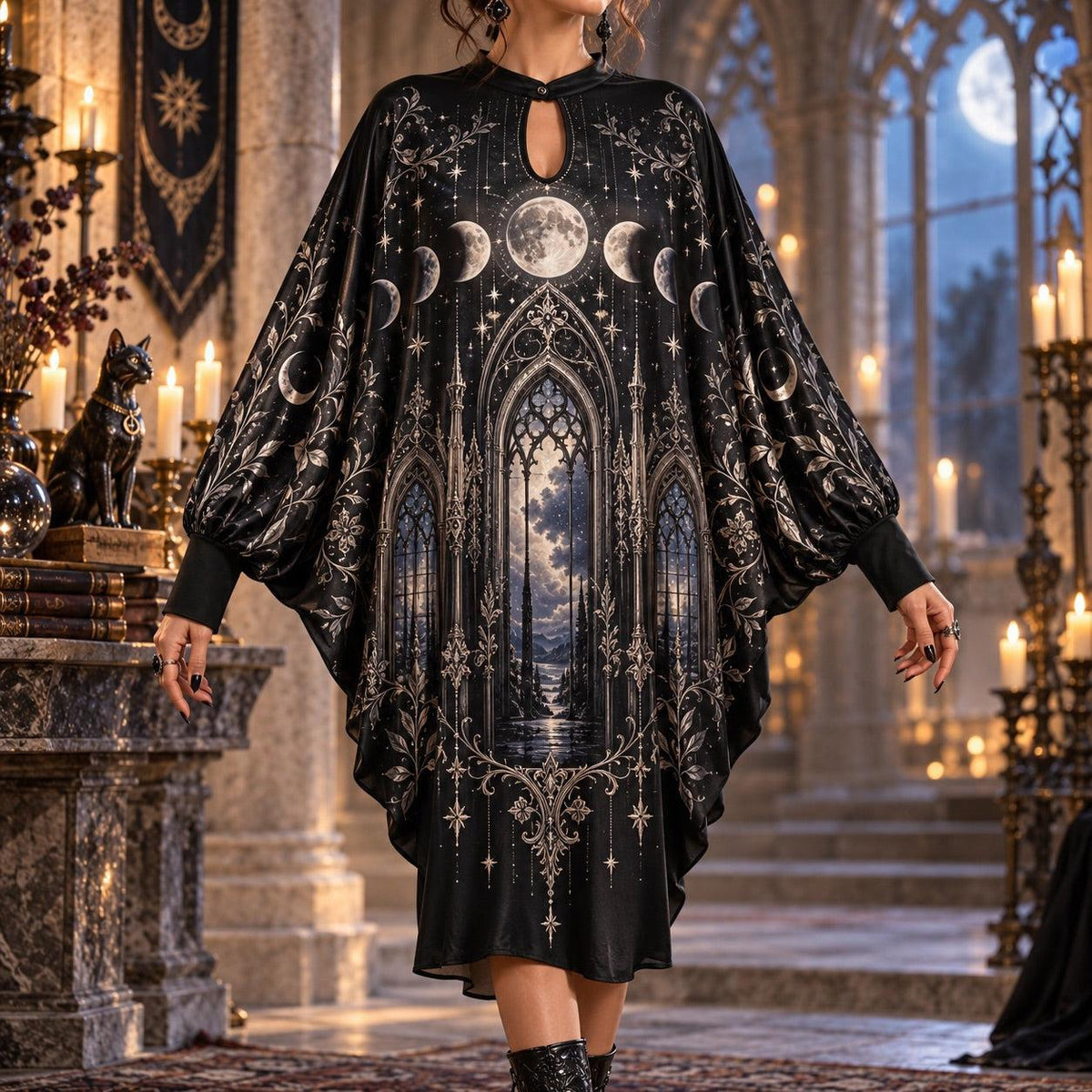 Moon Phase Cathedral Gothic Batwing Dress – Witchy Celestial Midi – worn, front view
