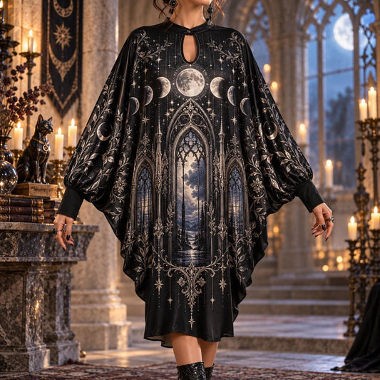 Moon Phase Cathedral Gothic Batwing Dress – Witchy Celestial Midi – worn, front view