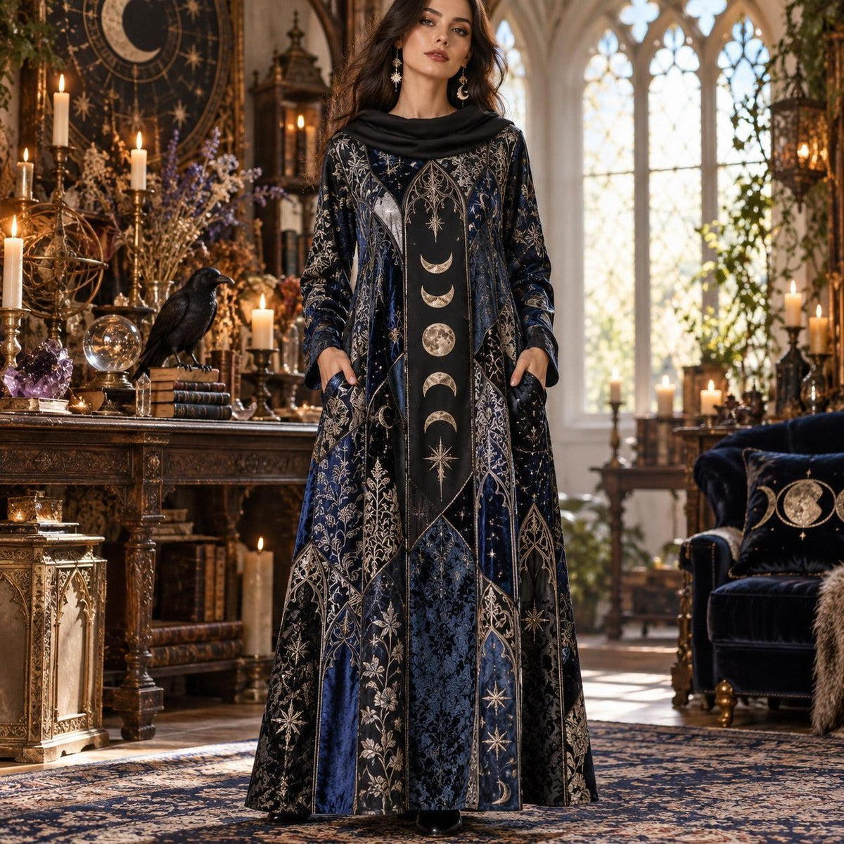 Moon Phase Cathedral Gothic Cowl Neck Dress – Witchy Celestial Maxi – worn, front view