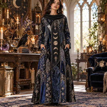 Moon Phase Cathedral Gothic Cowl Neck Dress – Witchy Celestial Maxi – worn, front view