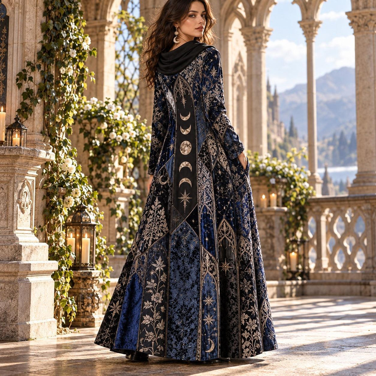 Moon Phase Cathedral Gothic Cowl Neck Dress – Witchy Celestial Maxi – worn, three quarter view