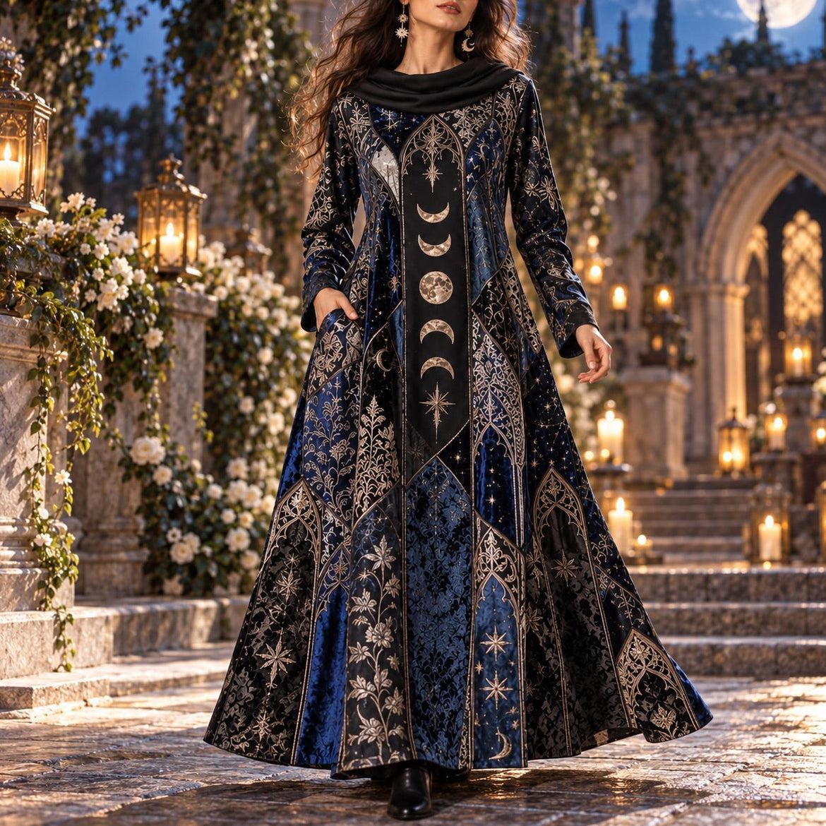 Moon Phase Cathedral Gothic Cowl Neck Dress – Witchy Celestial Maxi – worn, in motion