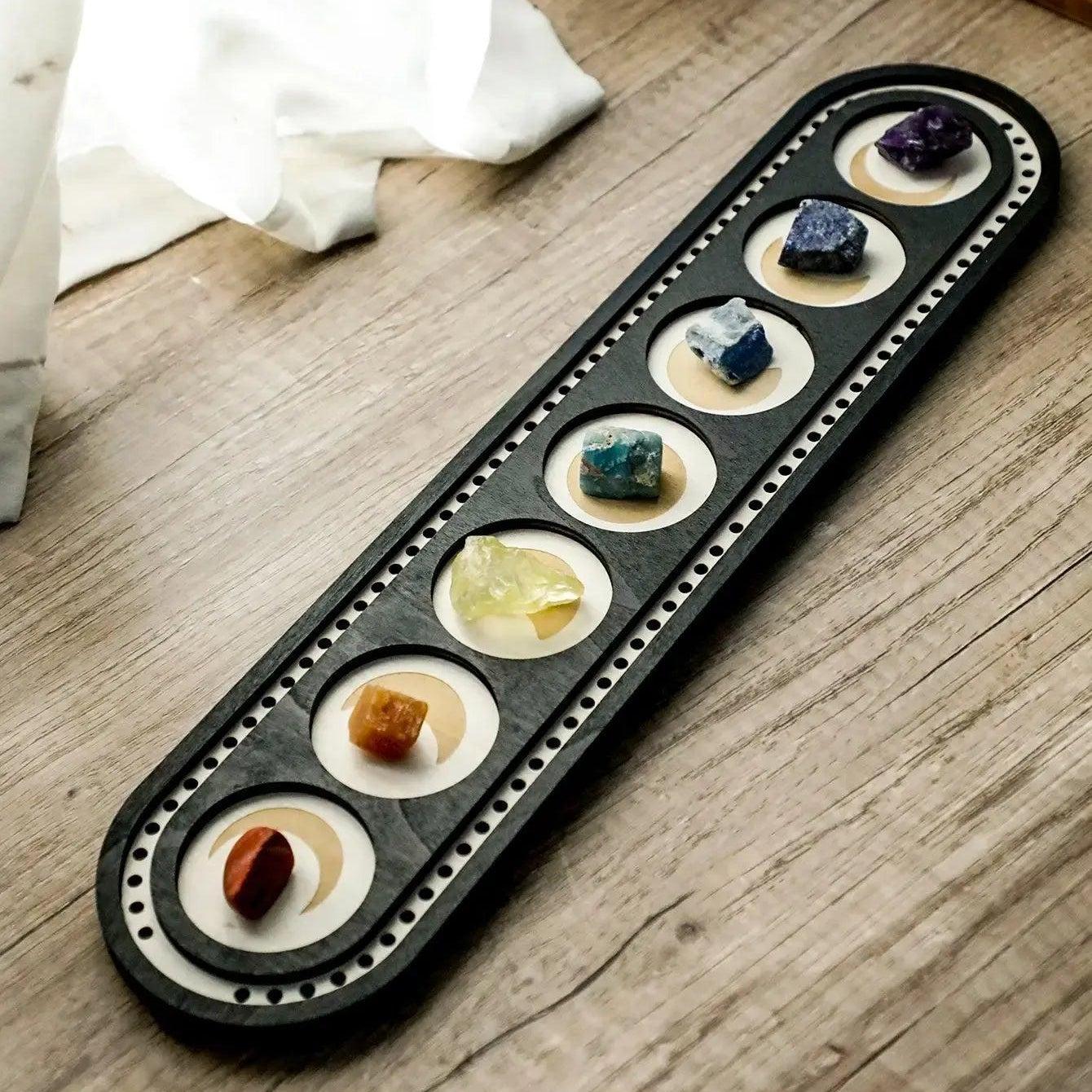 Moon Phase & Chakra Crystal Wall Shelf Wooden Hanging Display for Healing Stones Wicca Home Decor Wall Hanging-MoonChildWorld