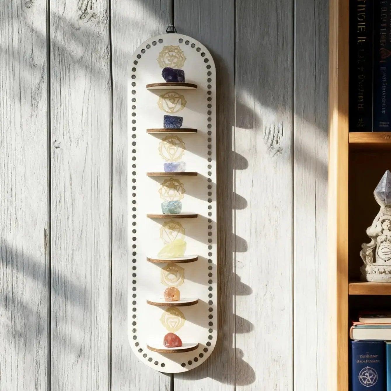 Moon Phase & Chakra Crystal Wall Shelf Wooden Hanging Display for Healing Stones Wicca Home Decor Wall Hanging-MoonChildWorld