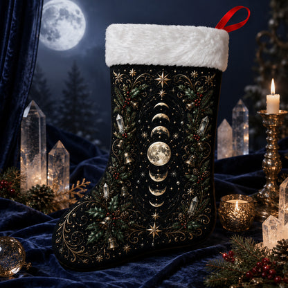 Moon Phase Christmas Stocking Celestial Gold Yule Mantel Decor