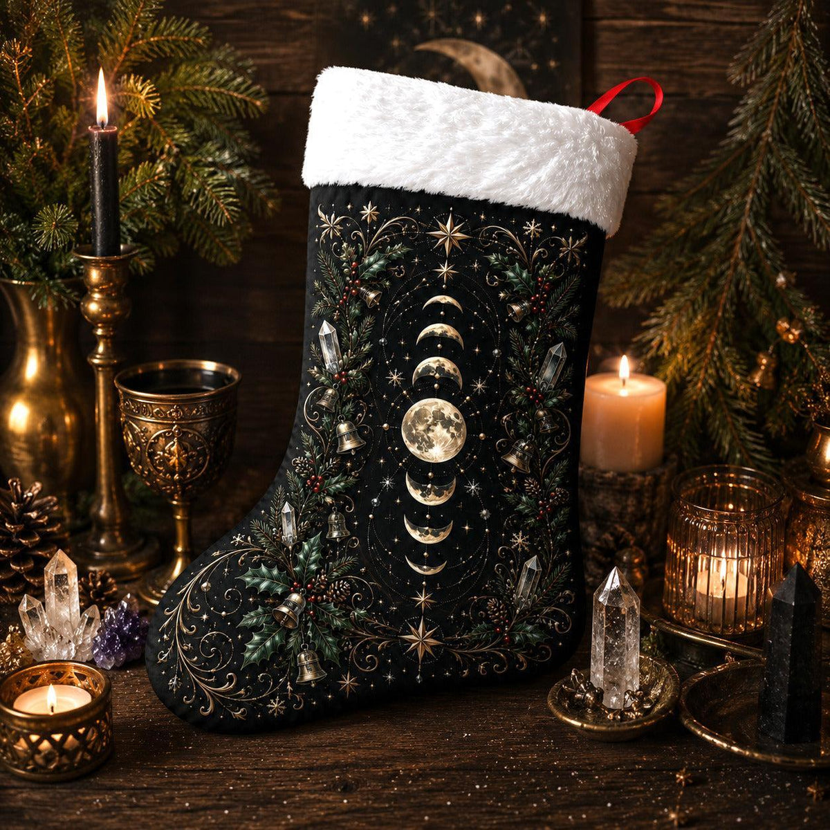 Moon Phase Christmas Stocking Celestial Gold Yule Mantel Decor, styled shot 3