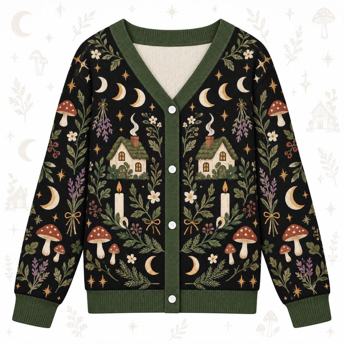 Moon Phase Cottage Candle Witchy Cardigan for Women Dark Green Pagan, front view