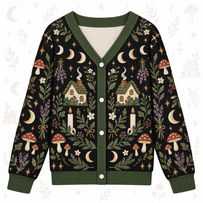 Moon Phase Cottage Candle Witchy Cardigan for Women Dark Green Pagan, front view