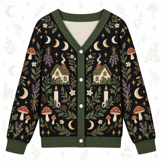 Moon Phase Cottage Candle Witchy Cardigan for Women Dark Green Pagan, front view