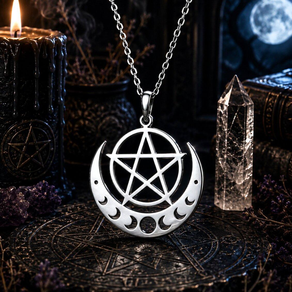 A silver pendant necklace featuring a pentagram inside a crescent moon, displayed on a dark altar with a lit candle, a clear crystal tower, and mystical books.