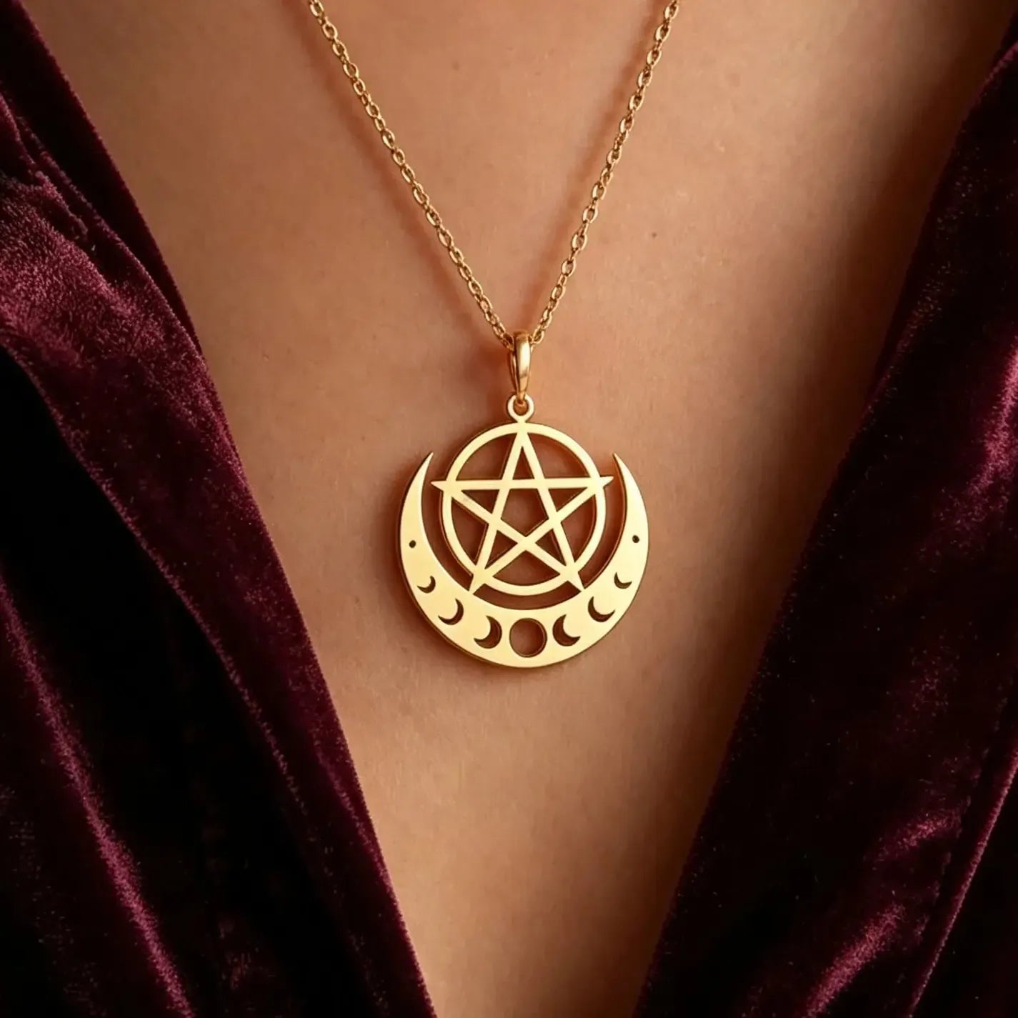 Moon Phase Crescent Pentagram Necklace Witchy Celestial Amulet-MoonChildWorld