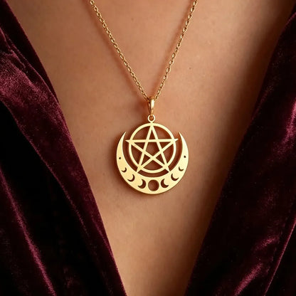 Moon Phase Crescent Pentagram Necklace Witchy Celestial Amulet-MoonChildWorld
