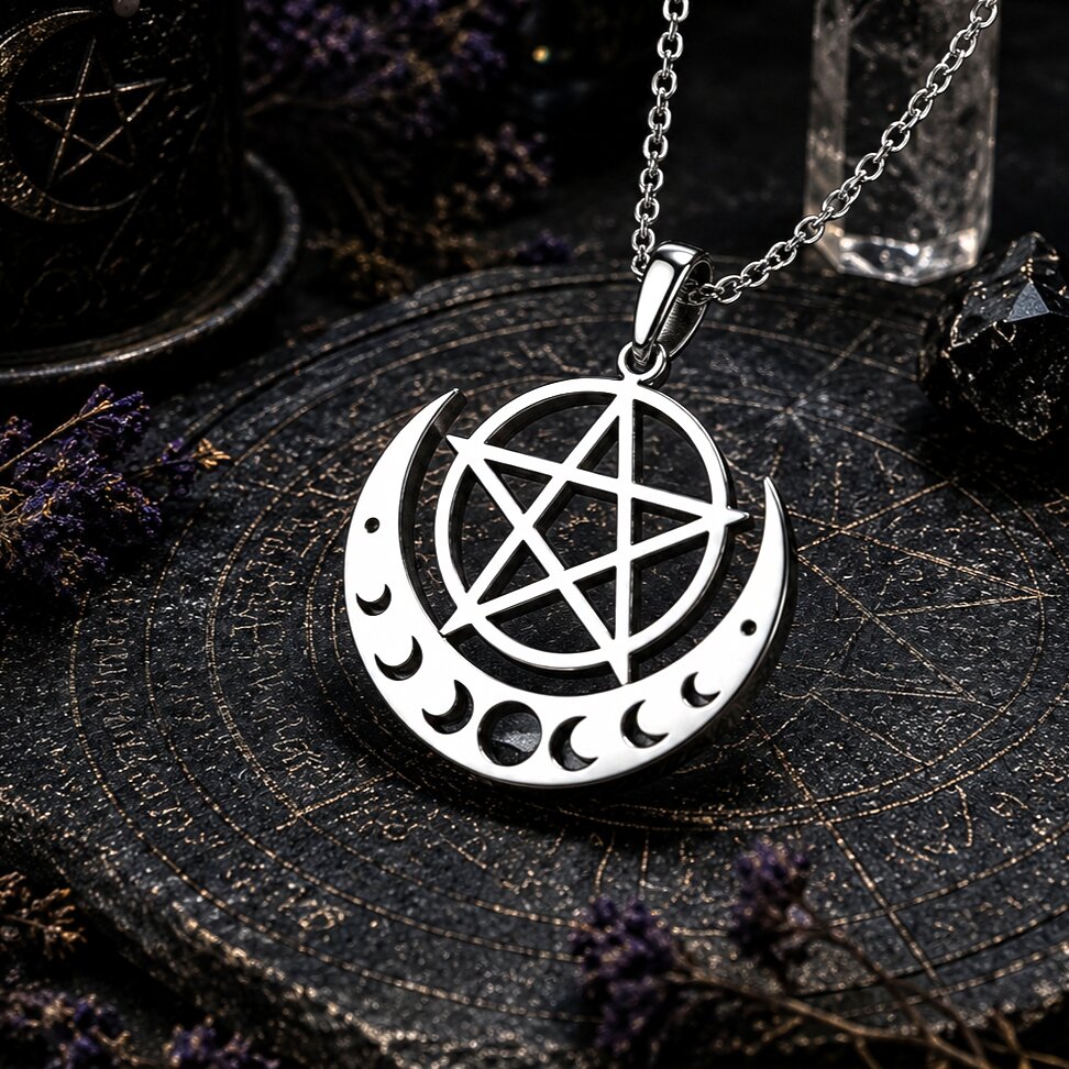 A silver-toned metal pendant necklace featuring a crescent moon with inner moon cutouts and a pentagram in the center, hanging from a chain on a dark mystical surface with occult-themed props.