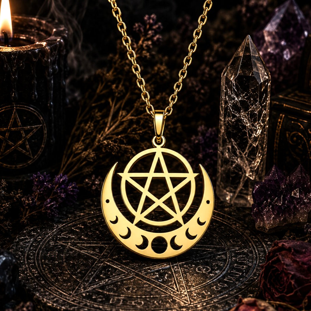 A gold pendant necklace featuring a pentagram and moon phases design, displayed on a dark altar with a crystal tower, candles, and a mystical board.