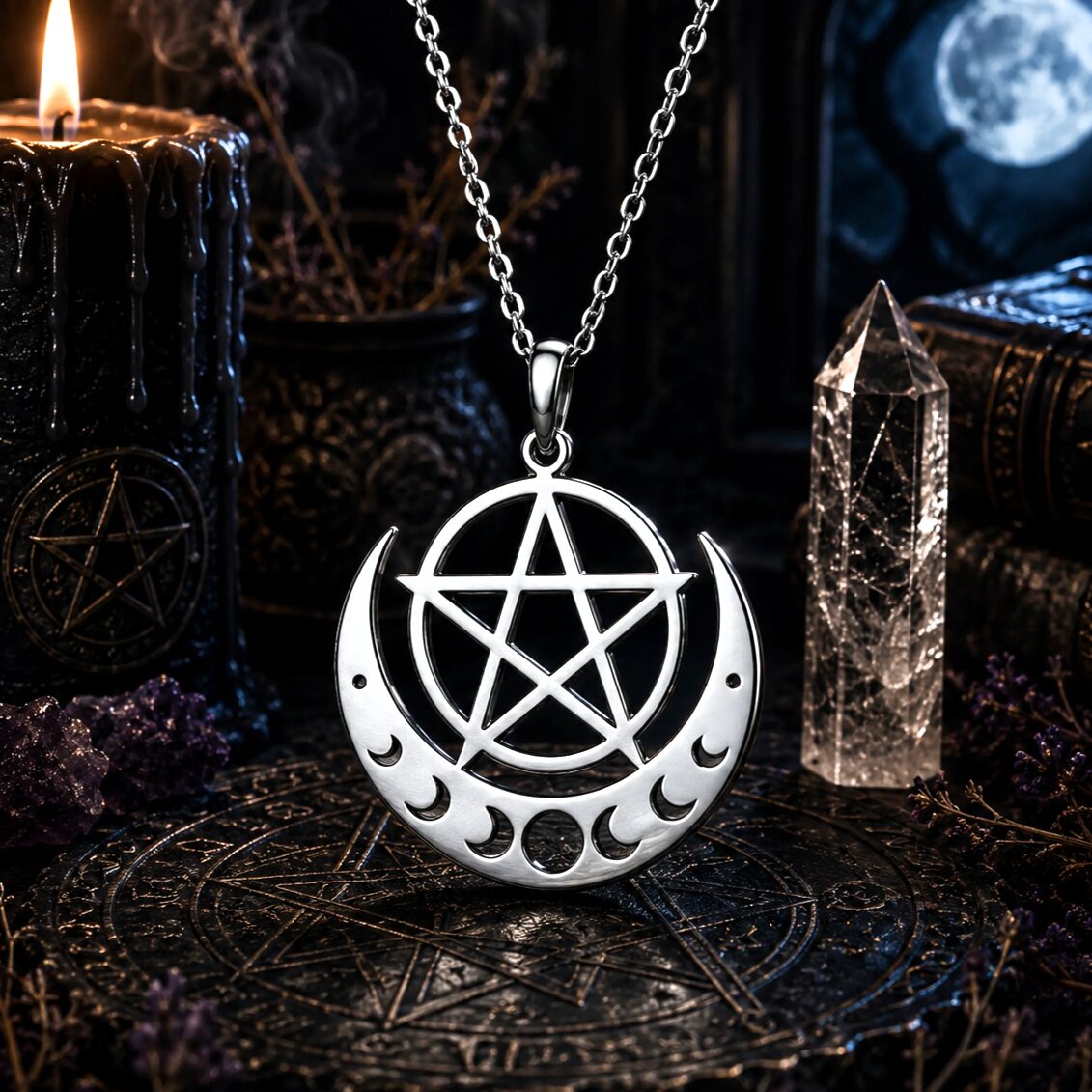 A silver pendant necklace featuring a pentagram inside a crescent moon, displayed on a dark altar with a lit candle, a clear crystal tower, and mystical books.