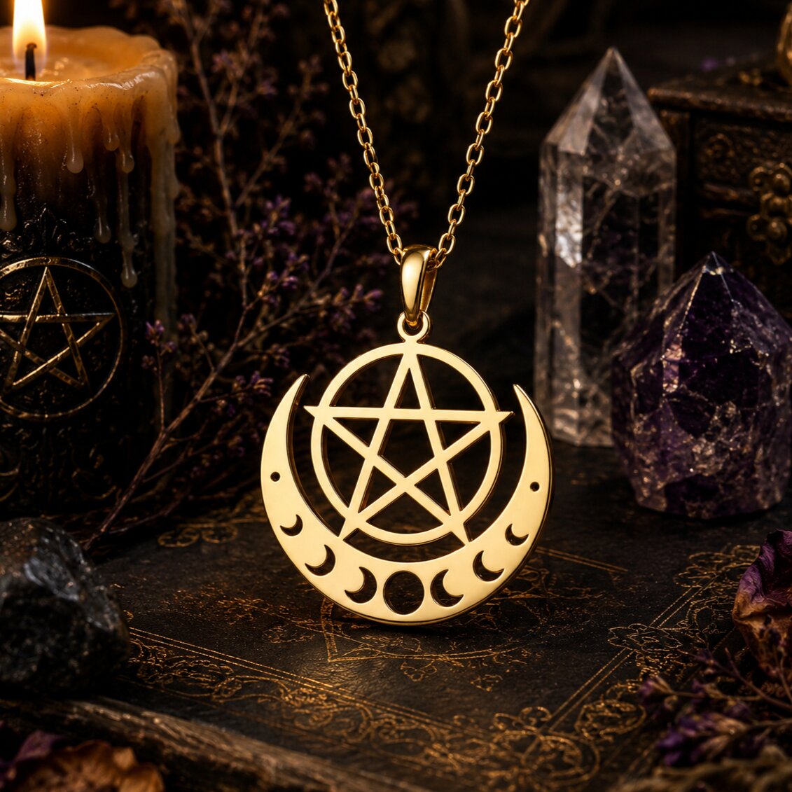 A gold pendant necklace featuring a pentagram inside a crescent moon, displayed on a dark surface with candles, crystals, and dried flowers in a mystical setting.