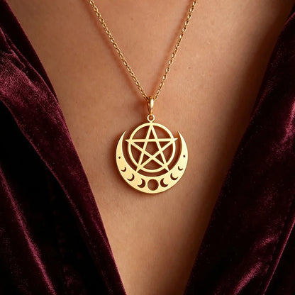 Moon Phase Crescent Pentagram Necklace Witchy Celestial Amulet-MoonChildWorld