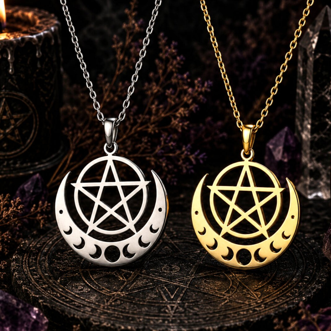 Two pendant necklaces displayed side by side: one silver-toned and one gold-toned, both featuring a pentagram inside a crescent moon with small moon cutouts. The necklaces are styled on a dark altar-like surface with crystals, a candle, and dried botanicals in the background.