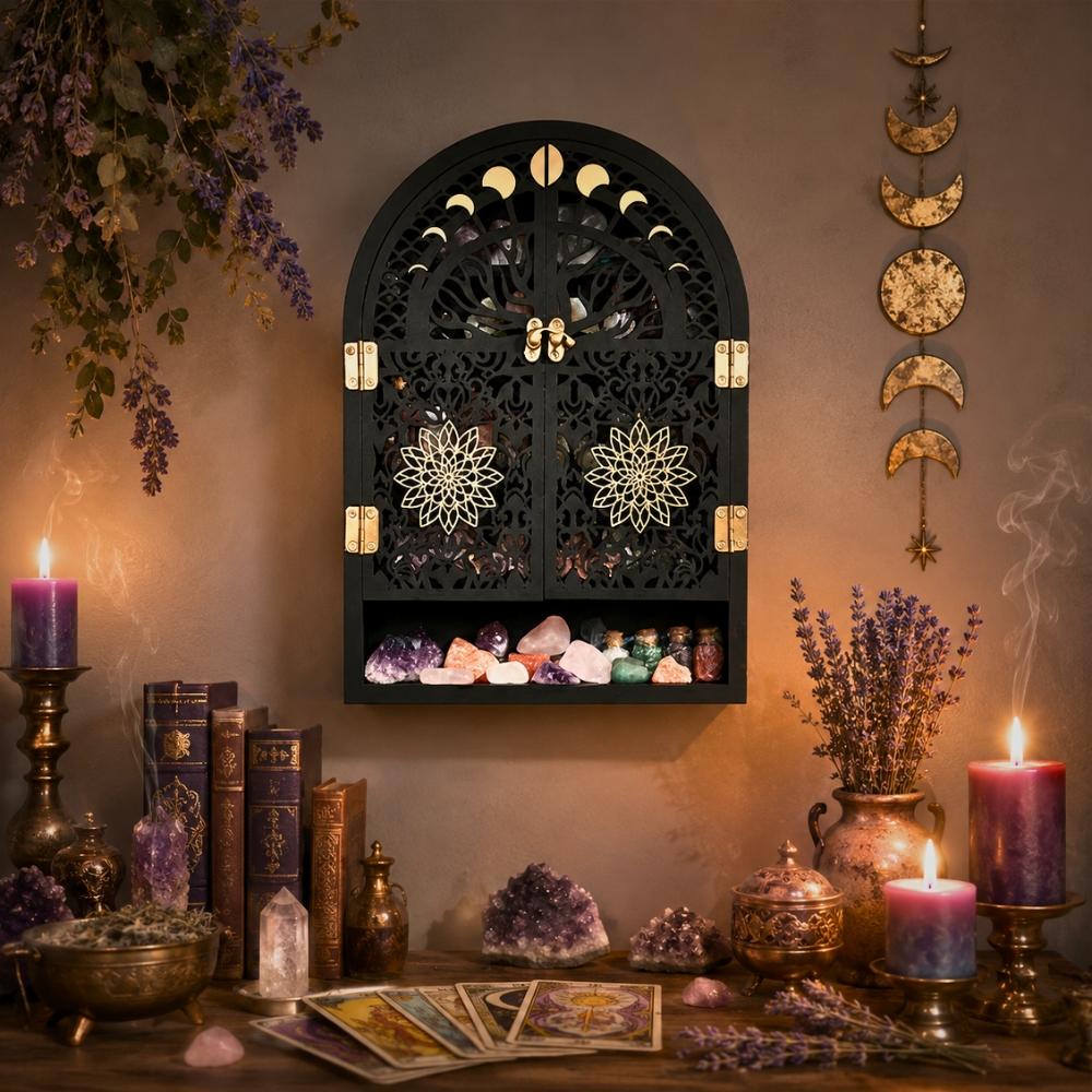 Moon Phase Crystal Display Shelf – Tree of Life Wooden Arch Wall Shelf-MoonChildWorld