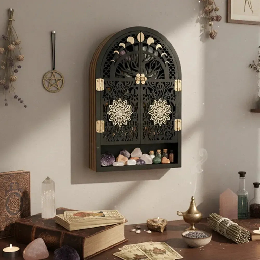 Crescent moon phase shelf – carved lunar cycle detail close-up