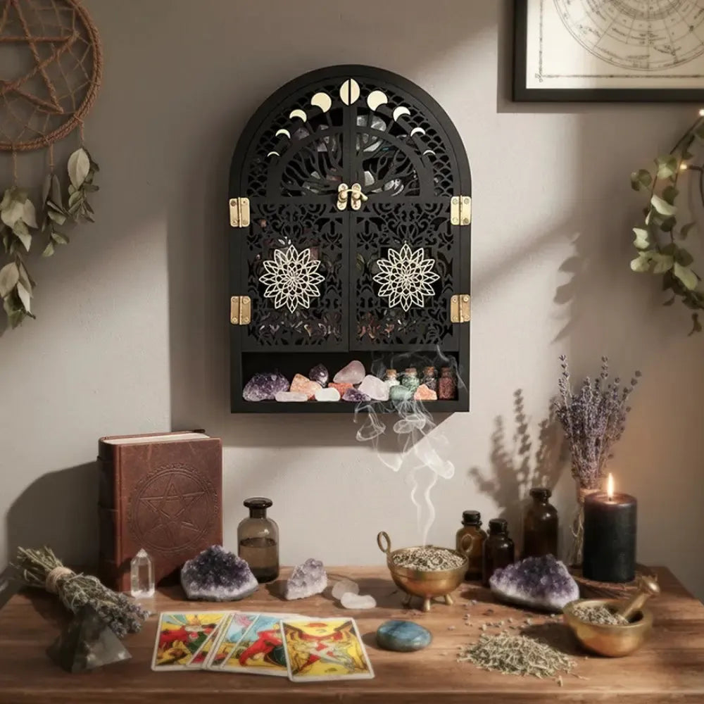 Moon phase crystal display shelf – tree of life wooden arch wall shelf