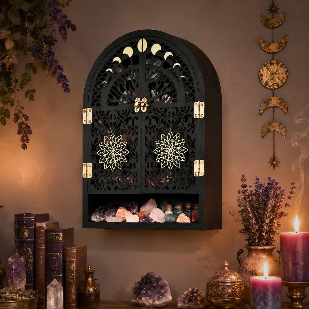 Moon Phase Crystal Display Shelf – Tree of Life Wooden Arch Wall Shelf-MoonChildWorld