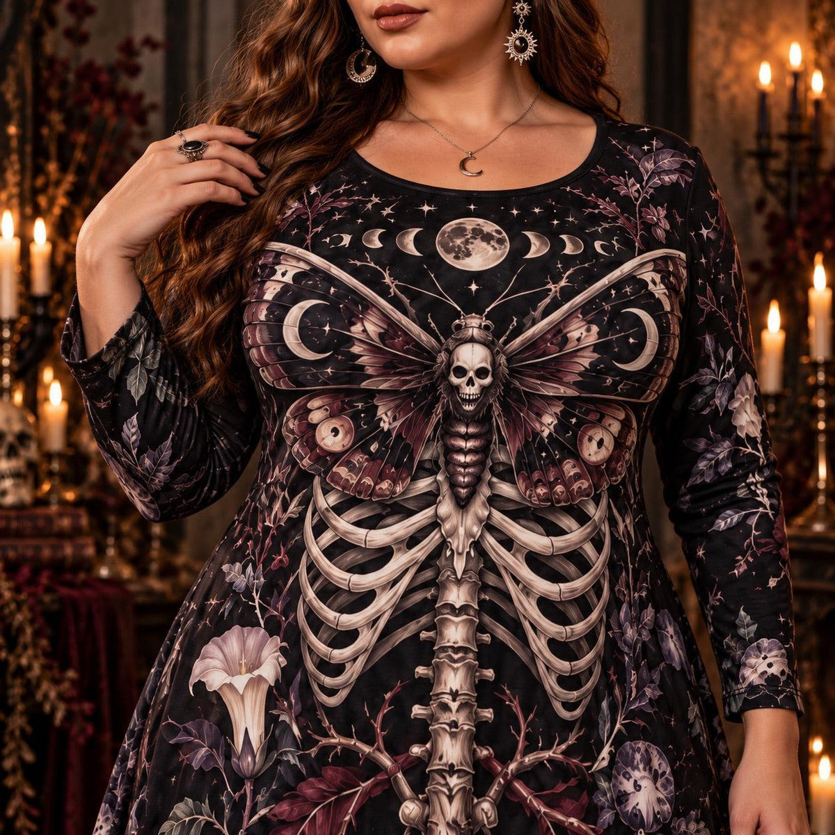Moon Phase Death Moth Plus Size Witch Dress – Skeleton Long Sleeve Maxi – close up of the printed artwork