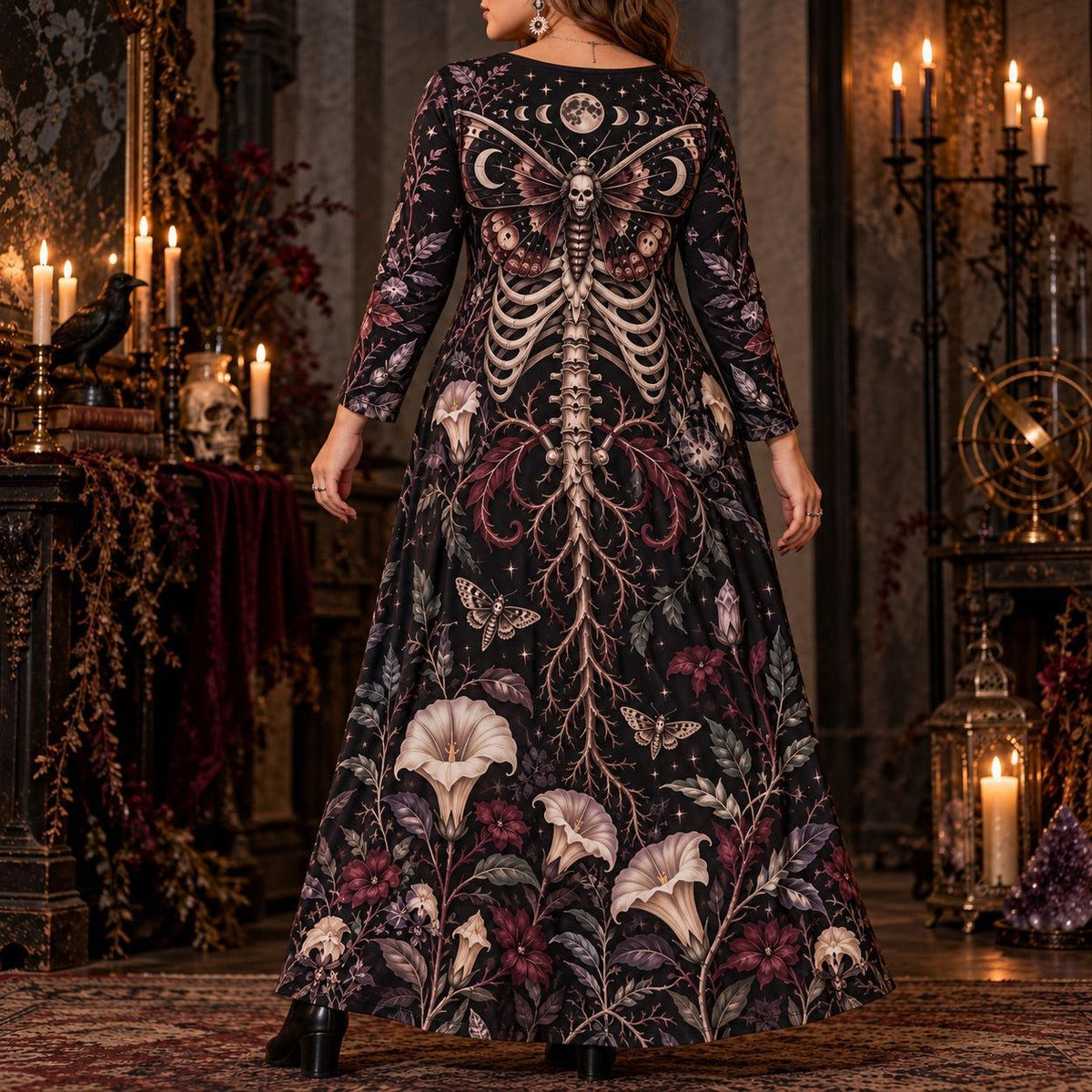 Moon Phase Death Moth Plus Size Witch Dress – Skeleton Long Sleeve Maxi – worn, back view