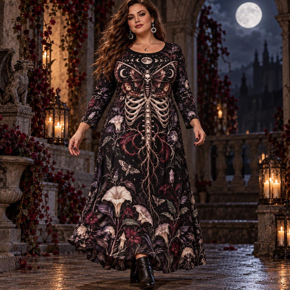 Moon Phase Death Moth Plus Size Witch Dress – Skeleton Long Sleeve Maxi – worn, in motion