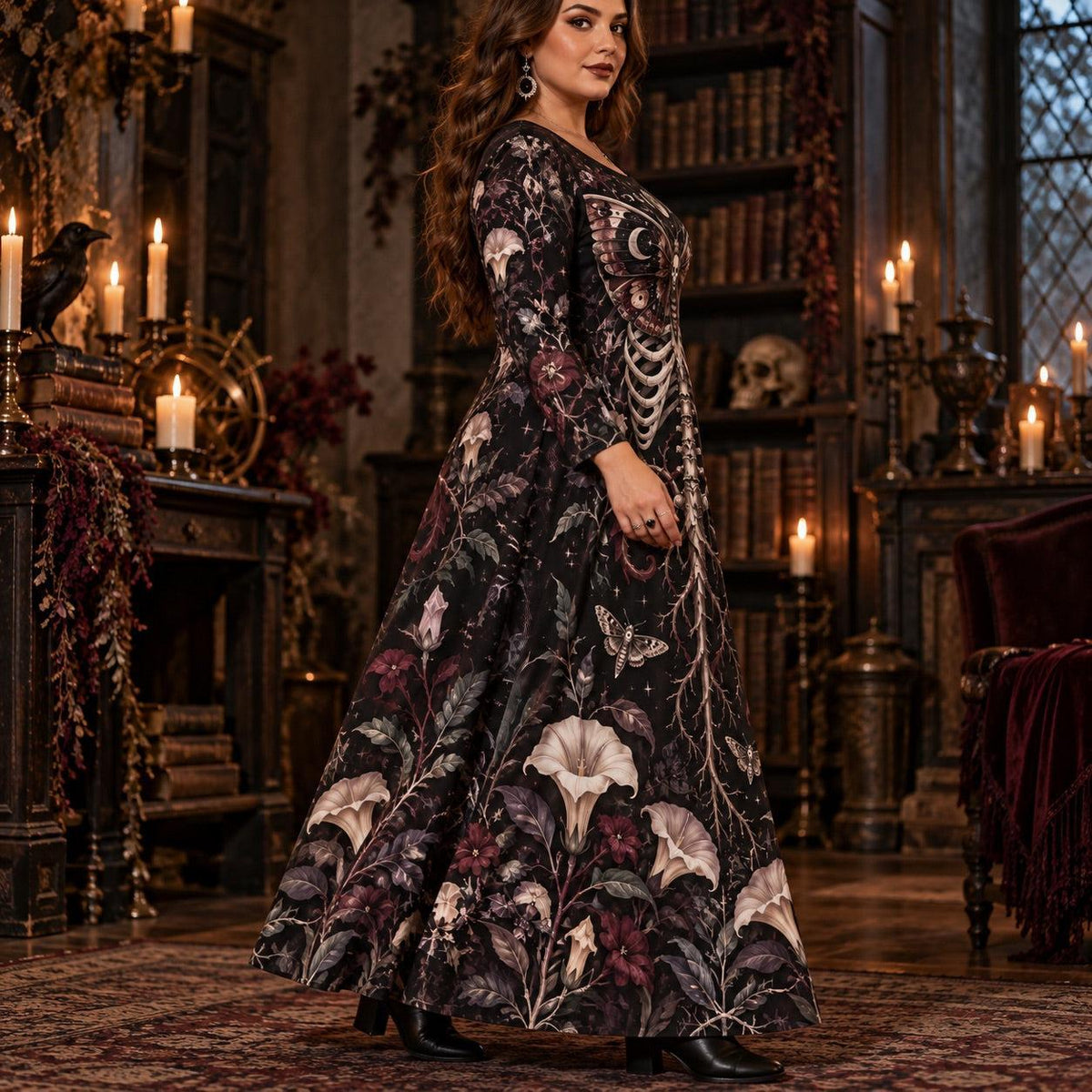 Moon Phase Death Moth Plus Size Witch Dress – Skeleton Long Sleeve Maxi – worn, three quarter view