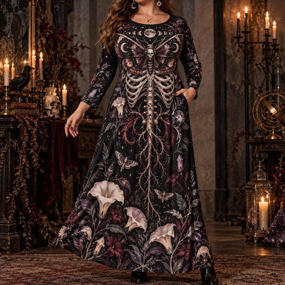 Moon Phase Death Moth Plus Size Witch Dress – Skeleton Long Sleeve Maxi – worn, front view
