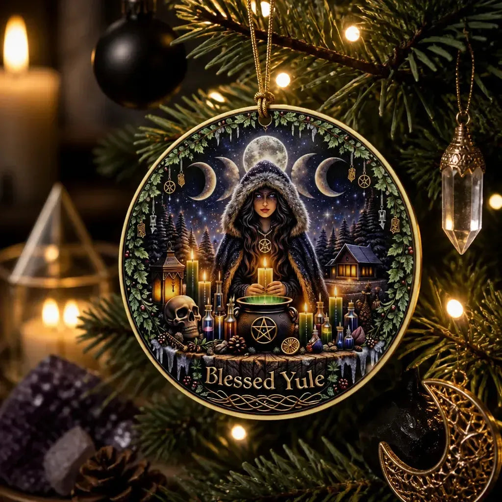 Moon Phase Goddess Pagan Yule Ceramic Ornament – Wiccan Christmas Home Decor_mockup_1.webp