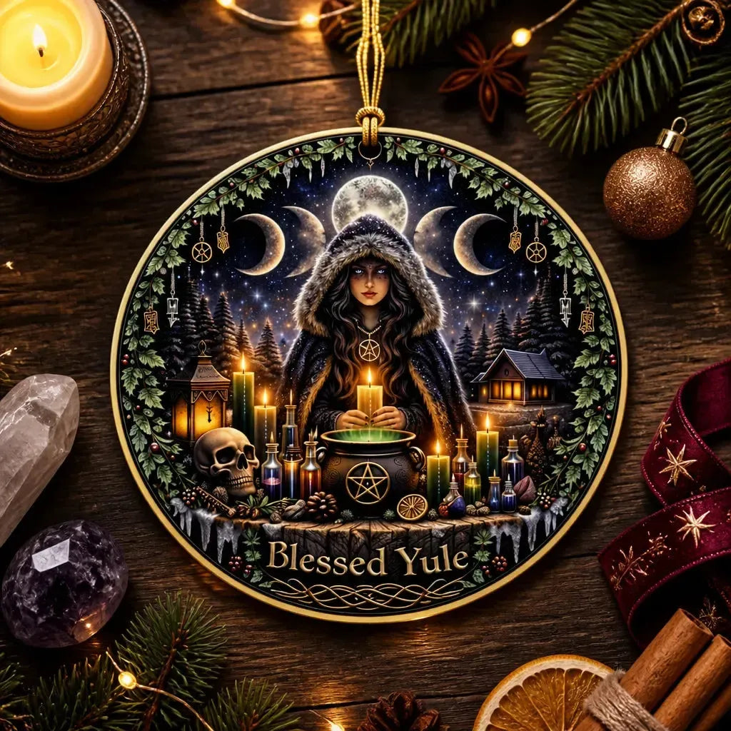 Moon Phase Goddess Pagan Yule Ceramic Ornament – Wiccan Christmas Home Decor_mockup_3.webp